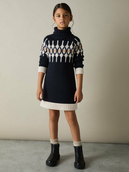 13-14 yrs Wool-Blend Fair Isle Roll-Neck Dress in Navy Children & Baby | Reiss