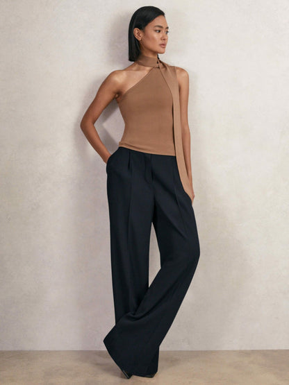 Petite Elasticated-Waist Wide-Leg Twill Trousers in Navy Women | Reiss