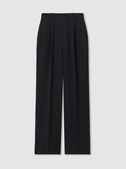 Petite Elasticated-Waist Wide-Leg Twill Trousers in Navy Women | Reiss