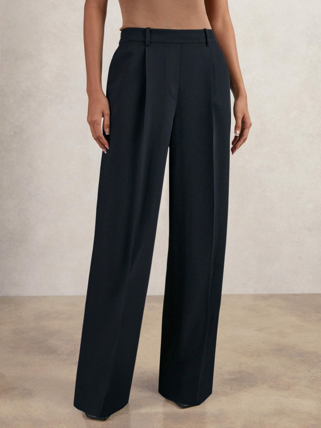 Petite Elasticated-Waist Wide-Leg Twill Trousers in Navy Women | Reiss