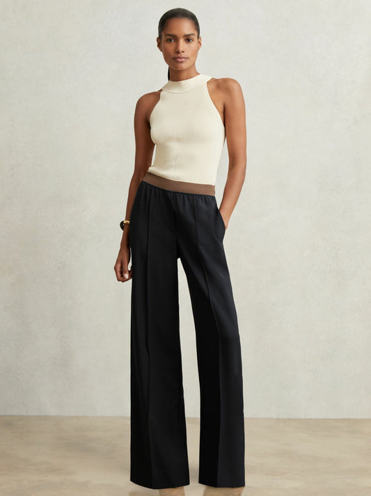 Elasticated-Waist Wide-Leg Twill Trousers in Navy Women | Reiss