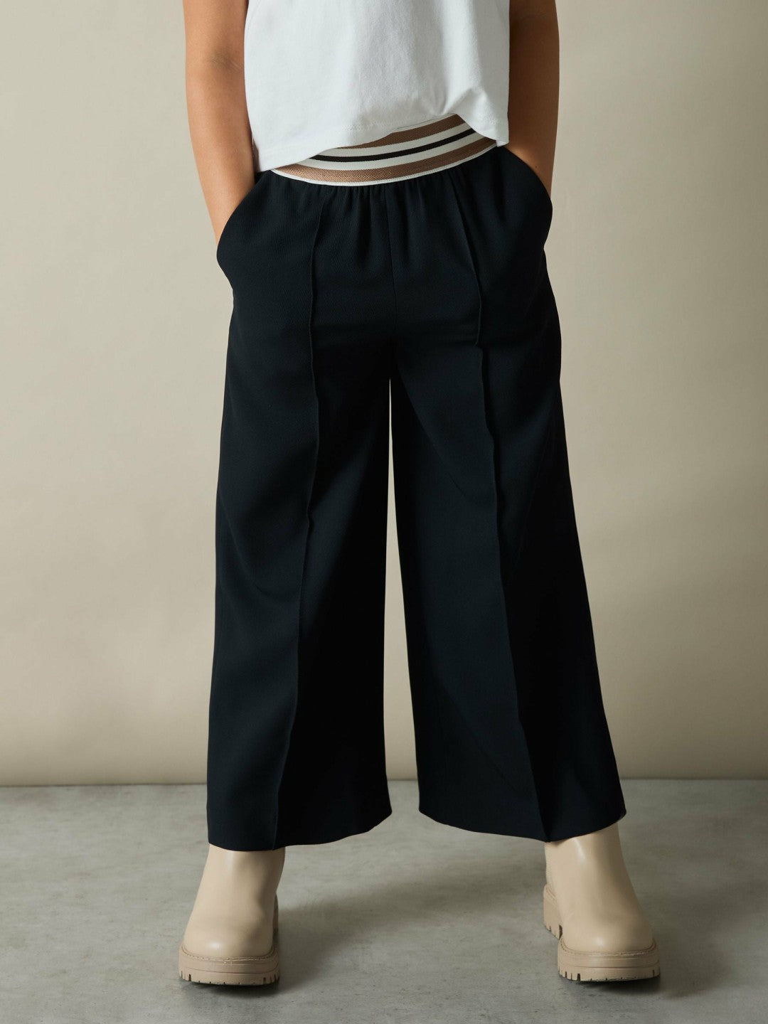 9-13 yrs Stripe-Waistband Wide-Leg Trousers in Navy Children & Baby | Reiss