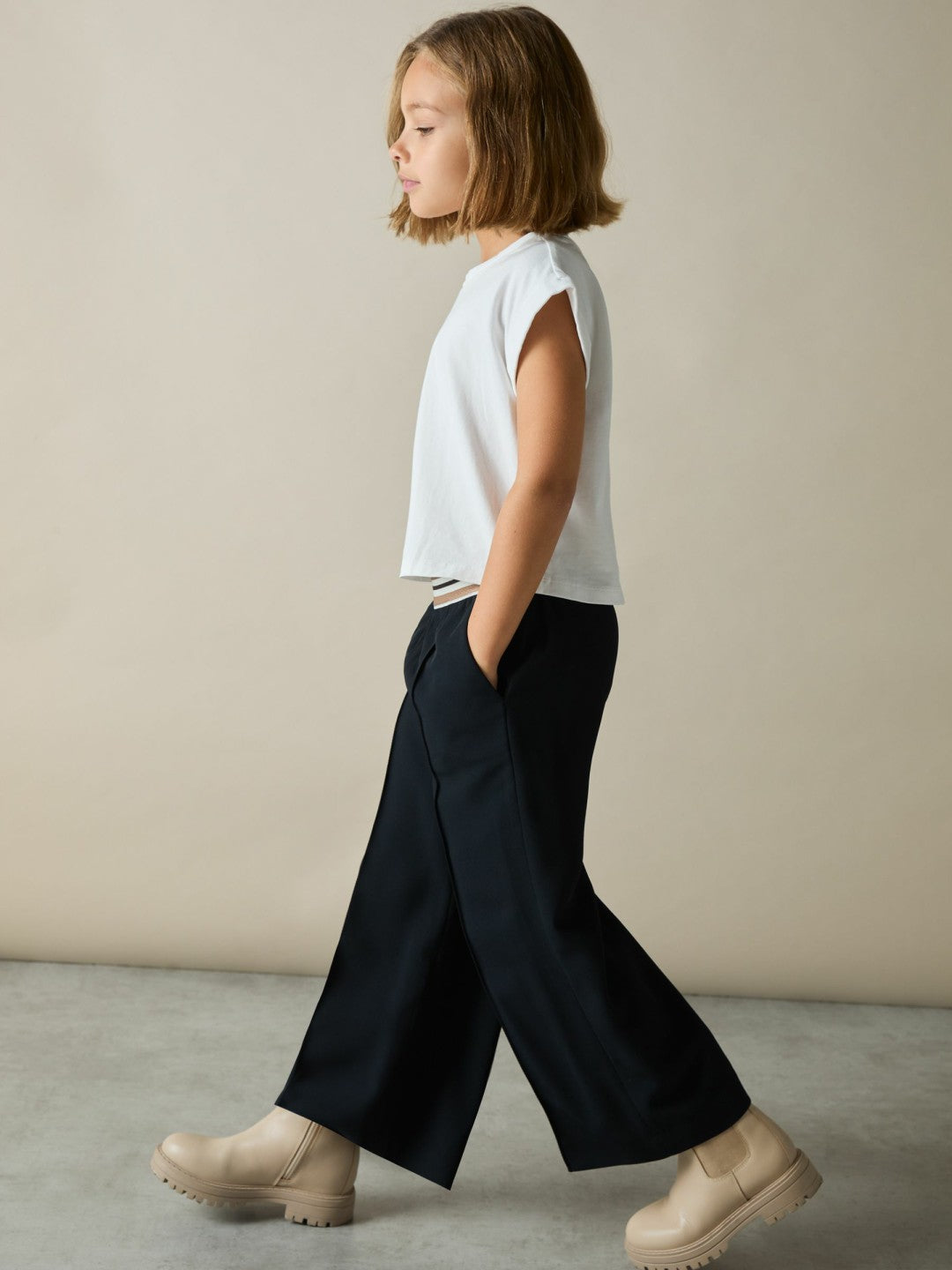 9-13 yrs Stripe-Waistband Wide-Leg Trousers in Navy Children & Baby | Reiss