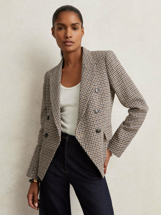 Cotton-Linen Double-Breasted Houndstooth-Check Blazer in Navy Neutral Check Women | Reiss