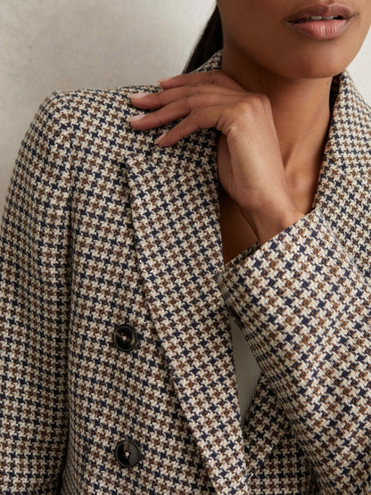 Cotton-Linen Double-Breasted Houndstooth-Check Blazer in Navy Neutral Check Women | Reiss