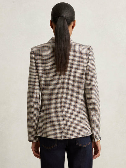 Cotton-Linen Double-Breasted Houndstooth-Check Blazer in Navy Neutral Check Women | Reiss