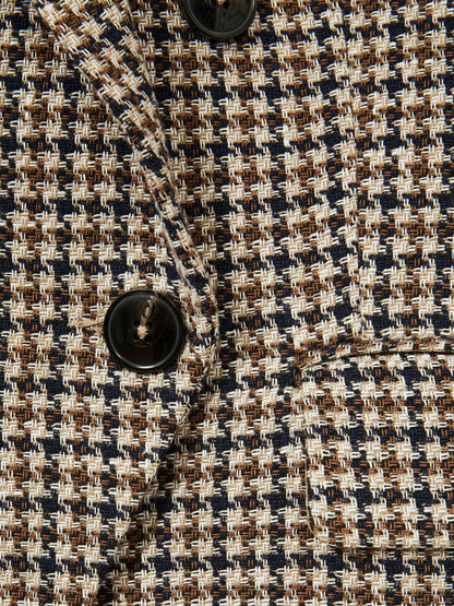 Cotton-Linen Double-Breasted Houndstooth-Check Blazer in Navy Neutral Check Women | Reiss