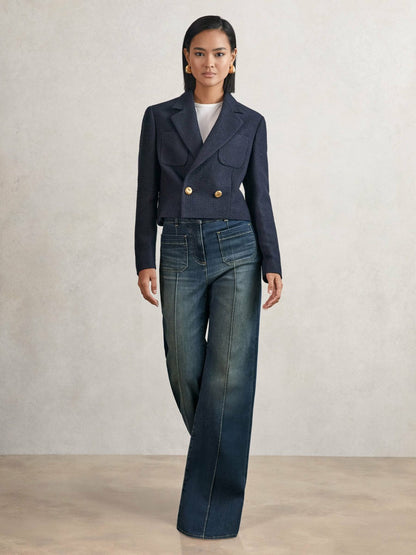 Petite Patch-Pocket Flared Jeans in Mid Blue Women | Reiss