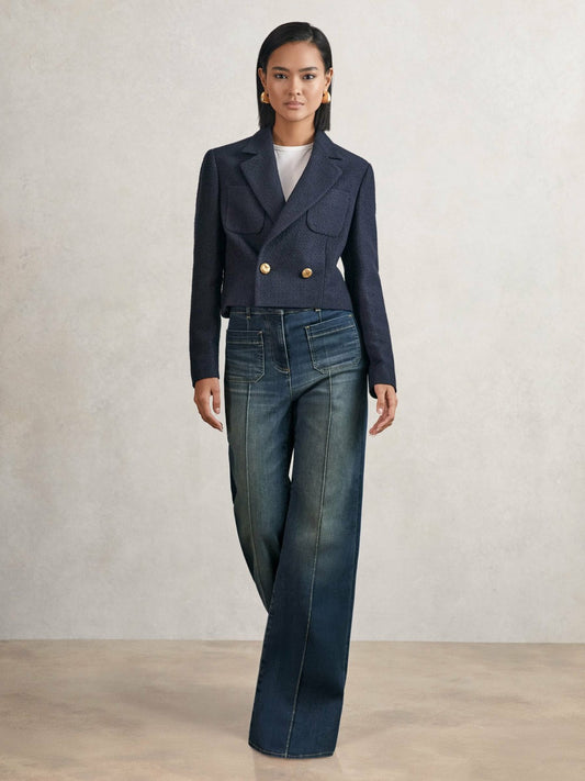 Petite Patch-Pocket Flared Jeans in Mid Blue Women | Reiss