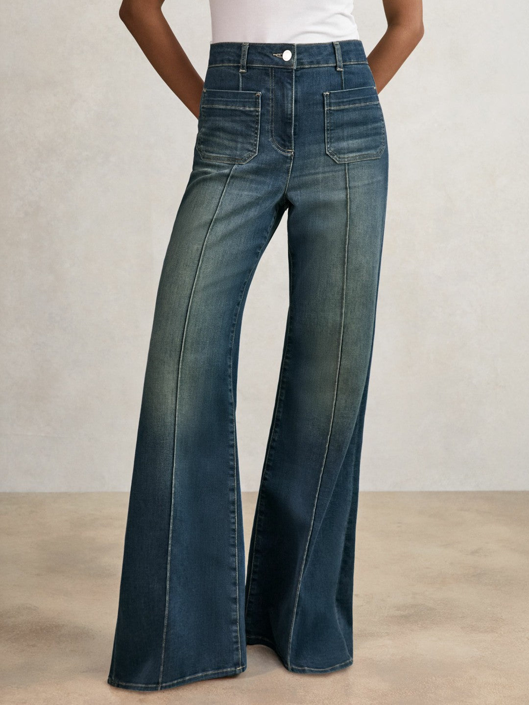 Petite Patch-Pocket Flared Jeans in Mid Blue Women | Reiss