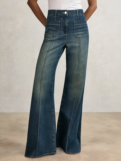 Petite Patch-Pocket Flared Jeans in Mid Blue Women | Reiss