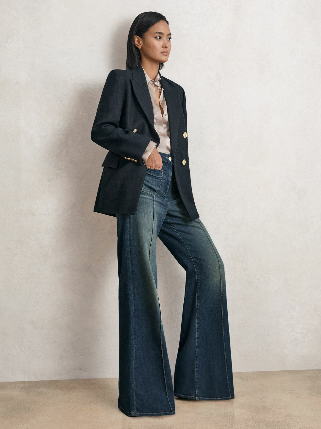 Petite Patch-Pocket Flared Jeans in Mid Blue Women | Reiss