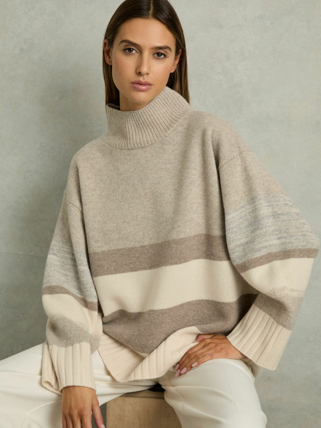 Wool Funnel-Neck Striped Jumper in Neutral Women | Reiss