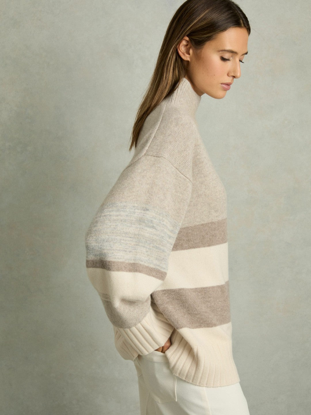 Wool Funnel-Neck Striped Jumper in Neutral Women | Reiss