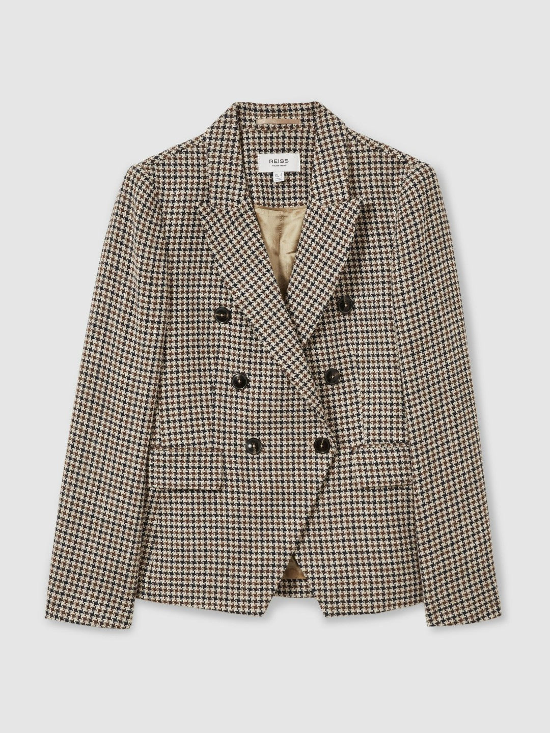 Petite Cotton-Linen Double-Breasted Houndstooth-Check Blazer in Navy Neutral Check Women | Reiss