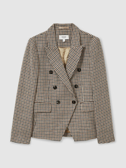 Petite Cotton-Linen Double-Breasted Houndstooth-Check Blazer in Navy Neutral Check Women | Reiss
