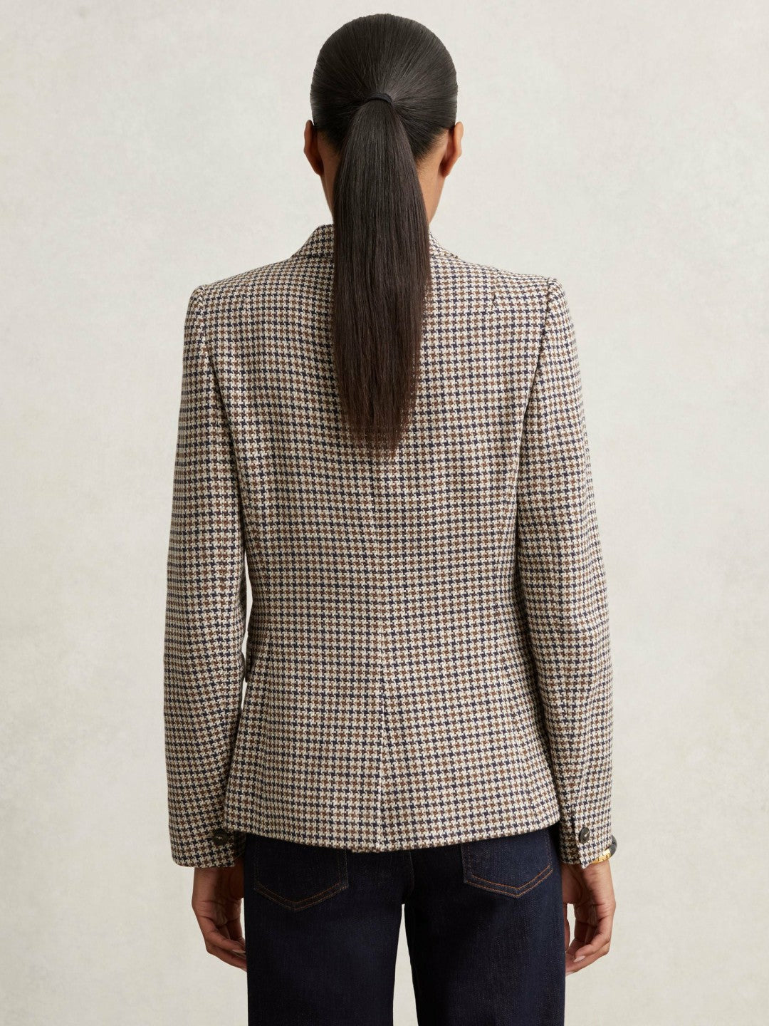 Petite Cotton-Linen Double-Breasted Houndstooth-Check Blazer in Navy Neutral Check Women | Reiss