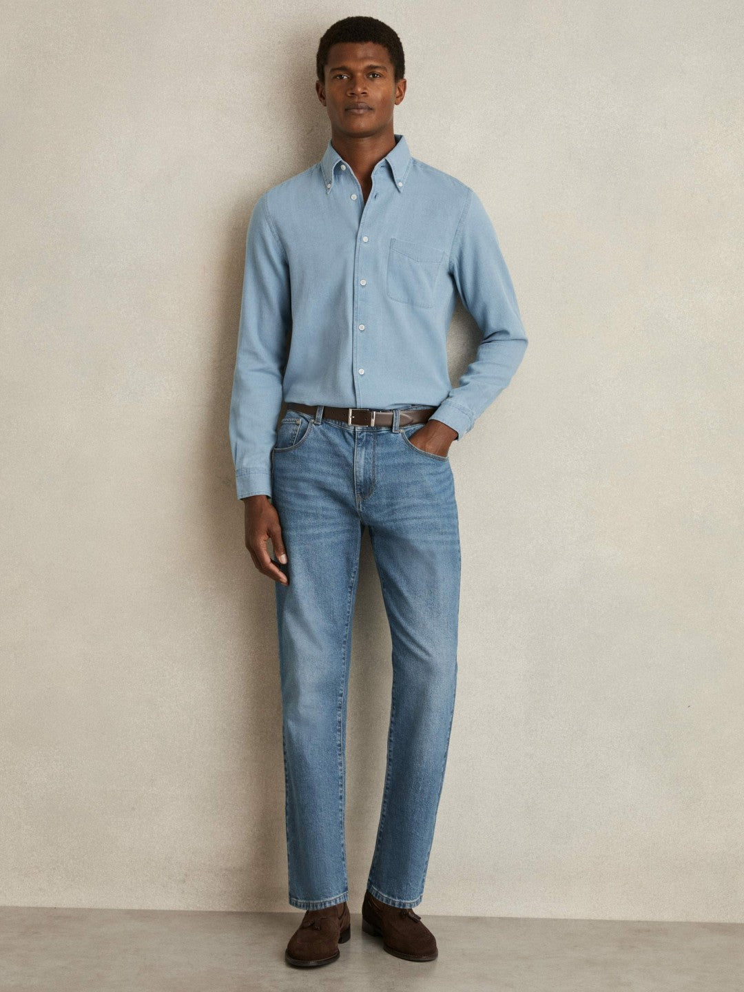 Cotton-Piqué Button-Down Chambray Shirt in Washed Blue Men | Reiss