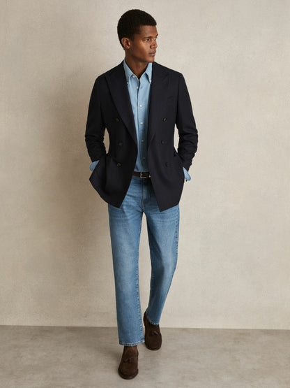Cotton-Piqué Button-Down Chambray Shirt in Washed Blue Men | Reiss