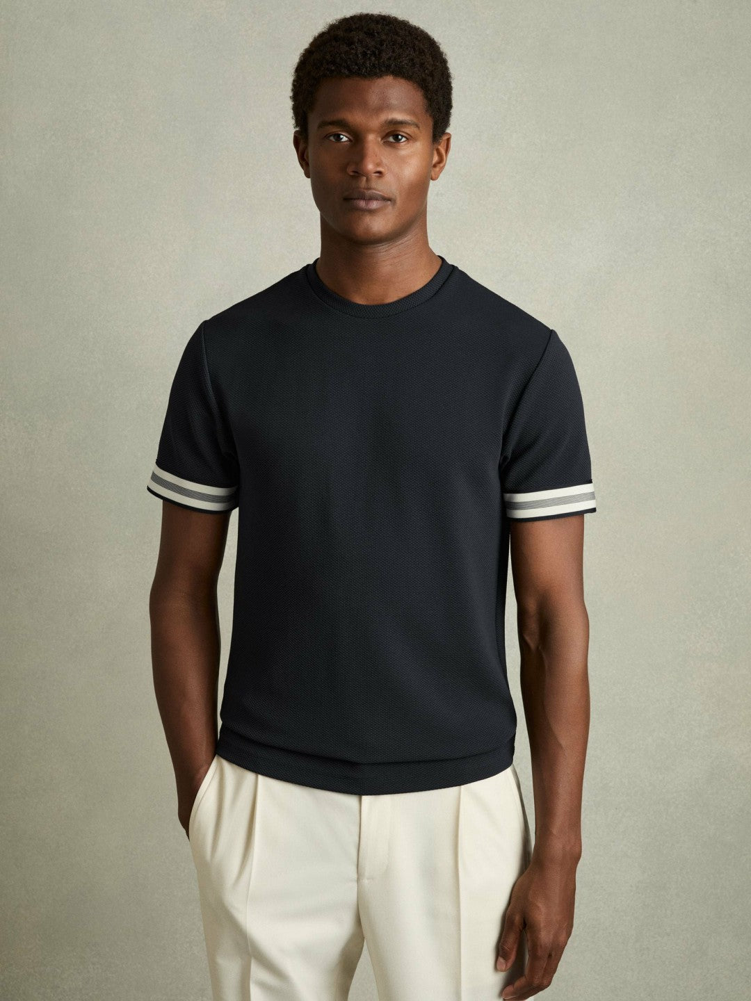 Tape-Cuff Textured T-Shirt in Navy Men | Reiss