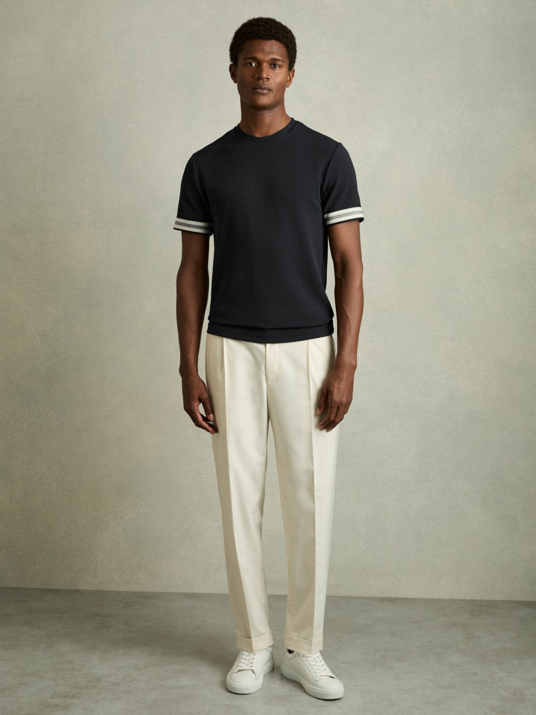 Tape-Cuff Textured T-Shirt in Navy Men | Reiss