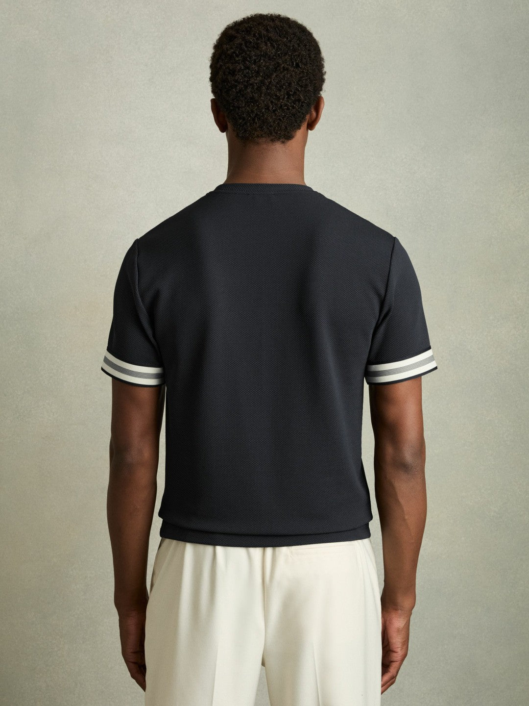 Tape-Cuff Textured T-Shirt in Navy Men | Reiss