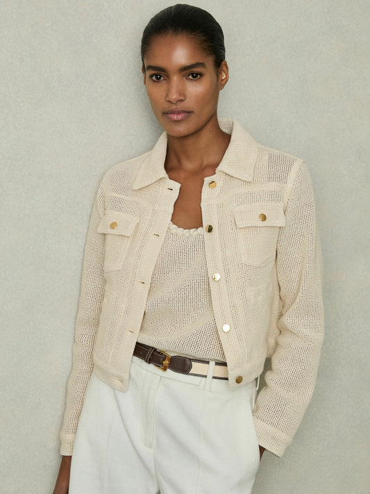 Cotton-Blend Textured Trucker Jacket in Neutral Women | Reiss