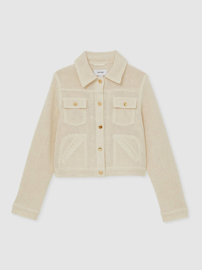 Cotton-Blend Textured Trucker Jacket in Neutral Women | Reiss