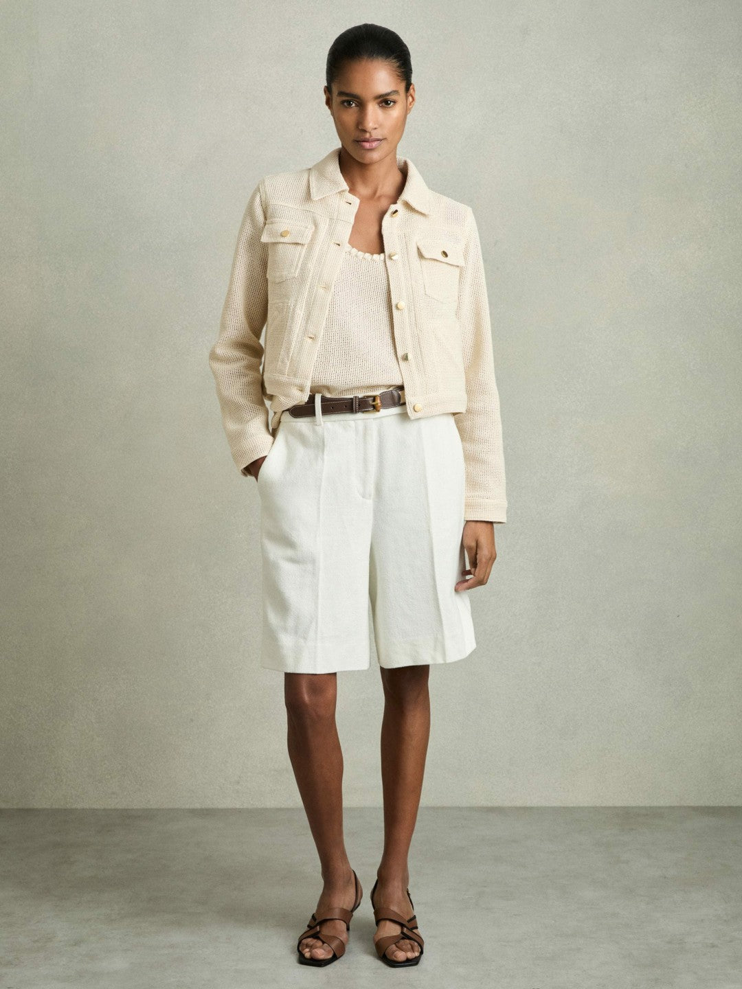 Cotton-Blend Textured Trucker Jacket in Neutral Women | Reiss