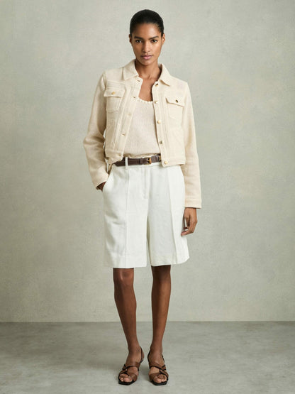 Cotton-Blend Textured Trucker Jacket in Neutral Women | Reiss