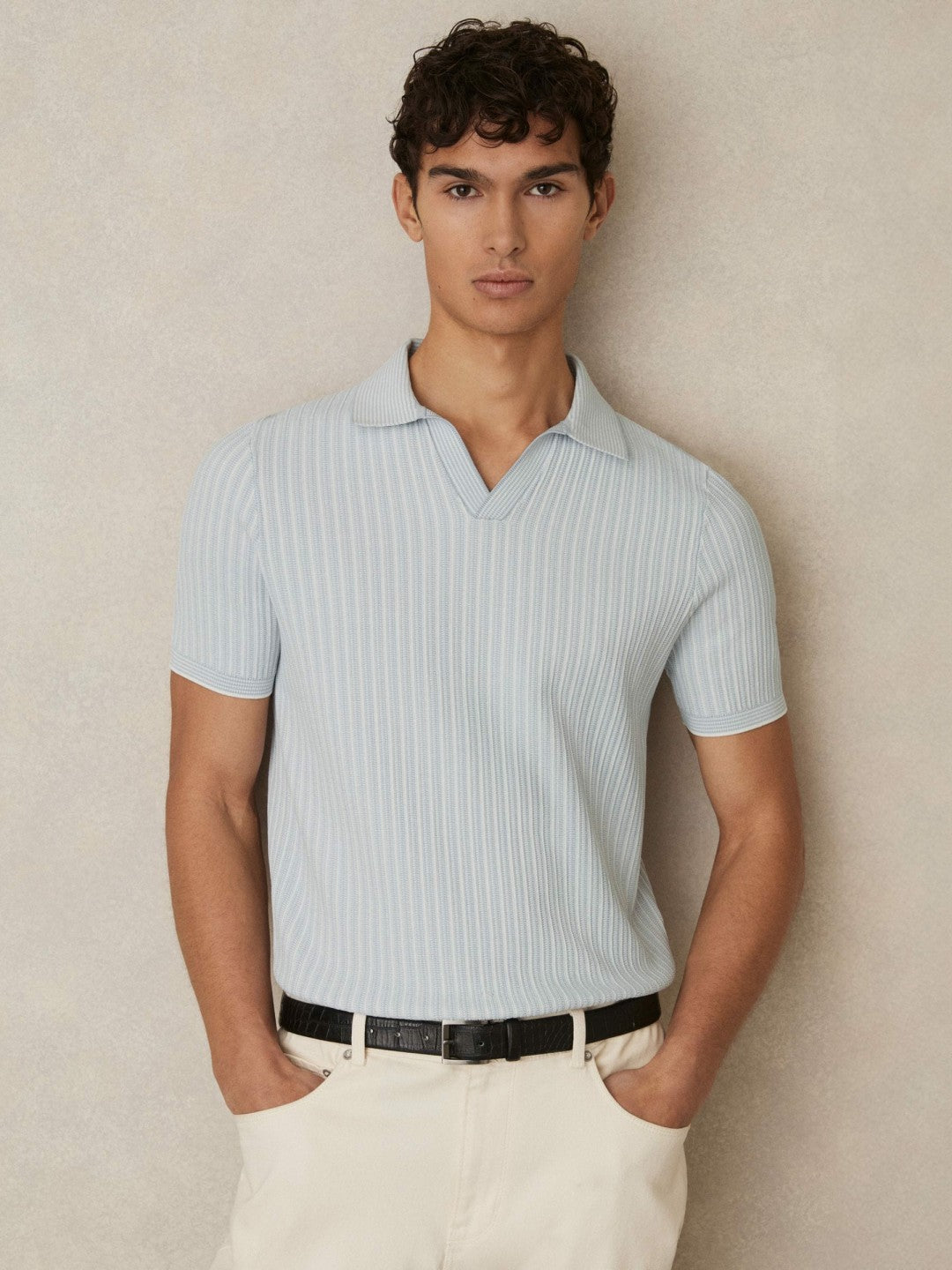 Open-Collar Textured Polo Shirt in Soft Blue/White Men | Reiss