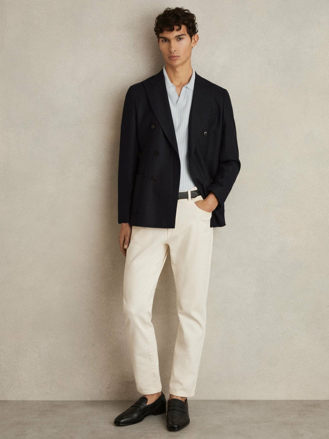 Open-Collar Textured Polo Shirt in Soft Blue/White Men | Reiss