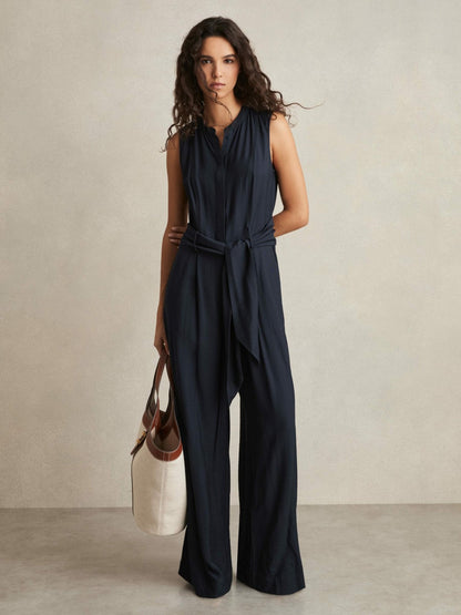 Wide-Leg Belted Jumpsuit in Navy Women | Reiss