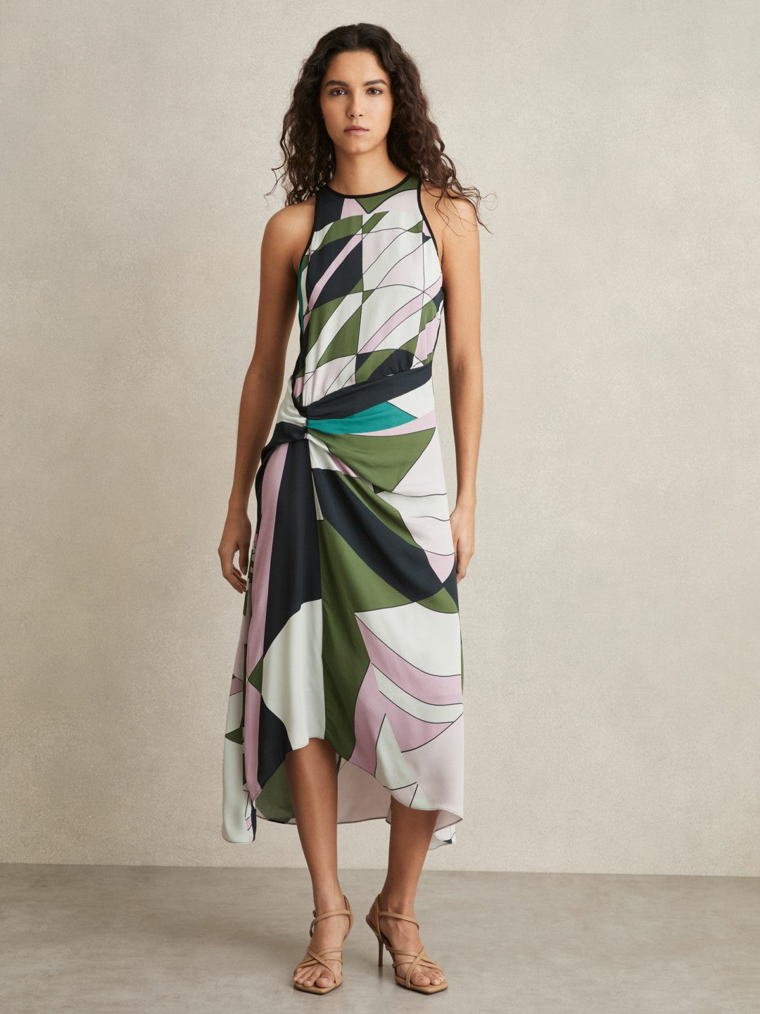 Geometric-Print Gathered Midi Dress in Green Women | Reiss