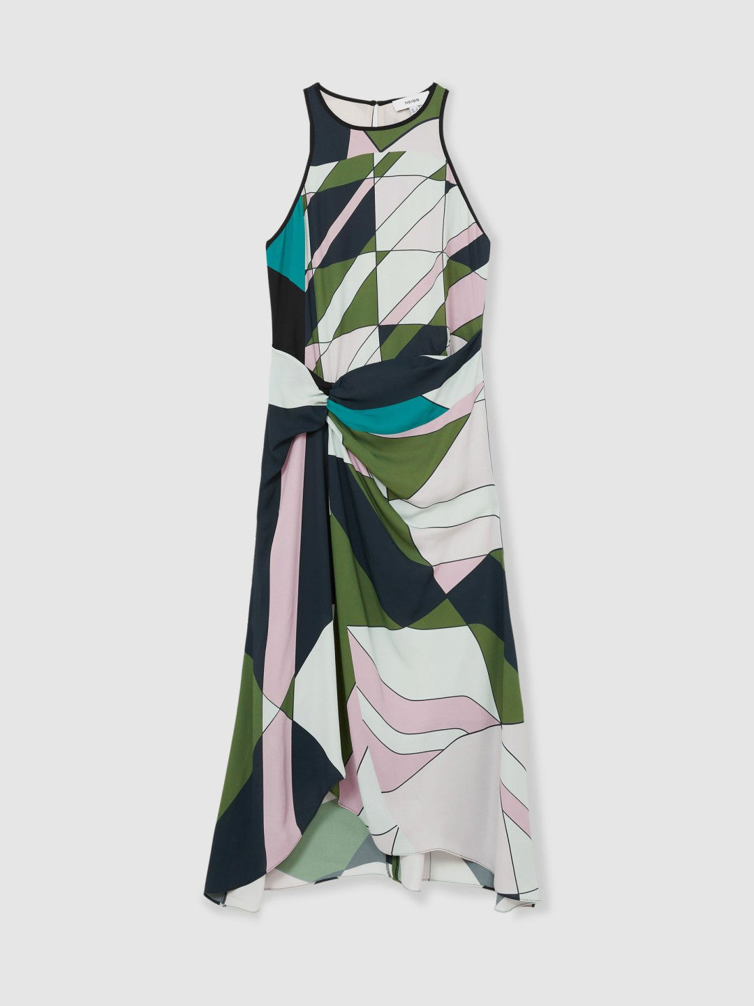 Geometric-Print Gathered Midi Dress in Green Women | Reiss