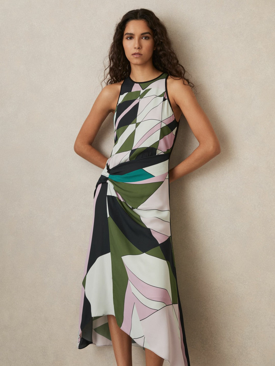 Geometric-Print Gathered Midi Dress in Green Women | Reiss