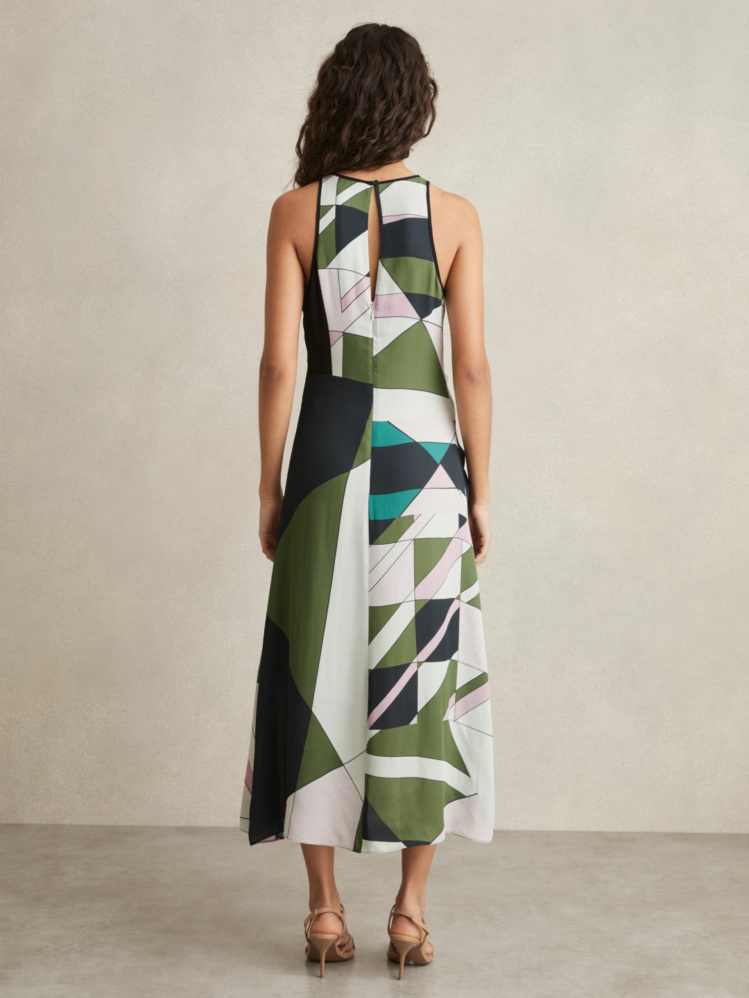 Geometric-Print Gathered Midi Dress in Green Women | Reiss
