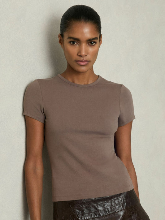 Stretch-Cotton Crew-Neck T-Shirt in Mink Women | Reiss