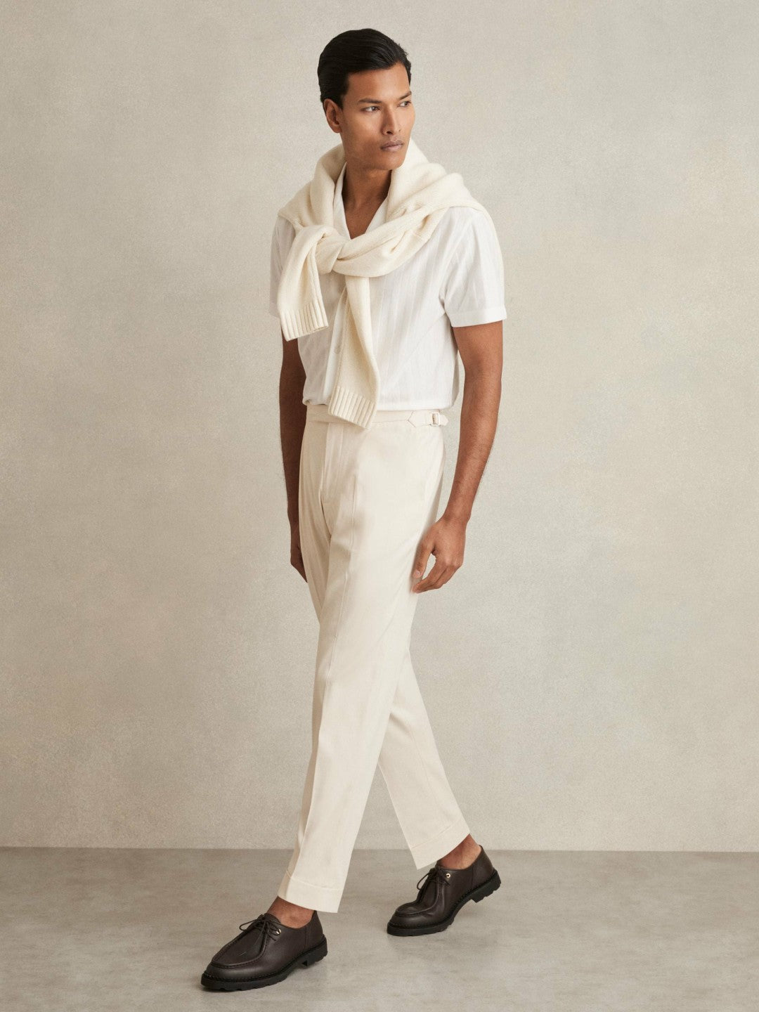 Cotton-Blend Tapered Trousers in Stone Men | Reiss