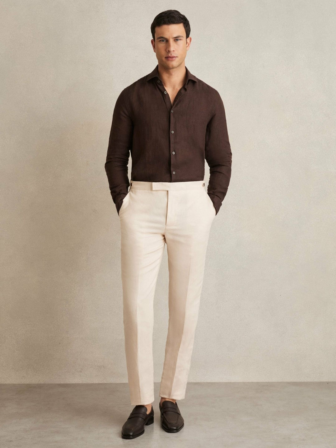 Linen Button-Through Shirt in Dark Brown Men | Reiss