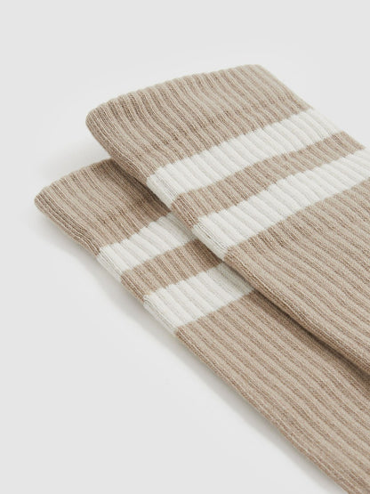 Cotton-Blend Double-Stripe Socks in Taupe/Ecru Men | Reiss