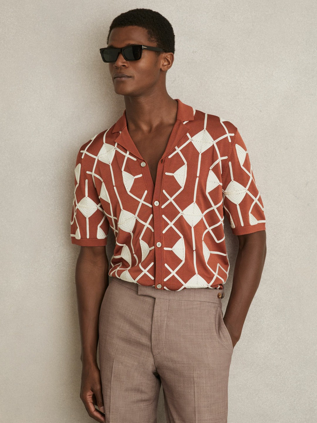 Geometric Embroidery Knit Shirt in Paprika Red Men | Reiss