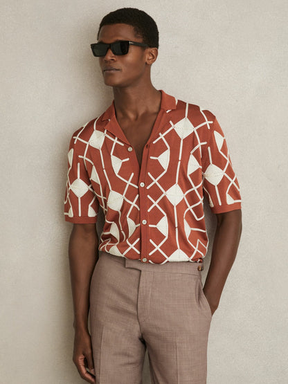 Geometric Embroidery Knit Shirt in Paprika Red Men | Reiss