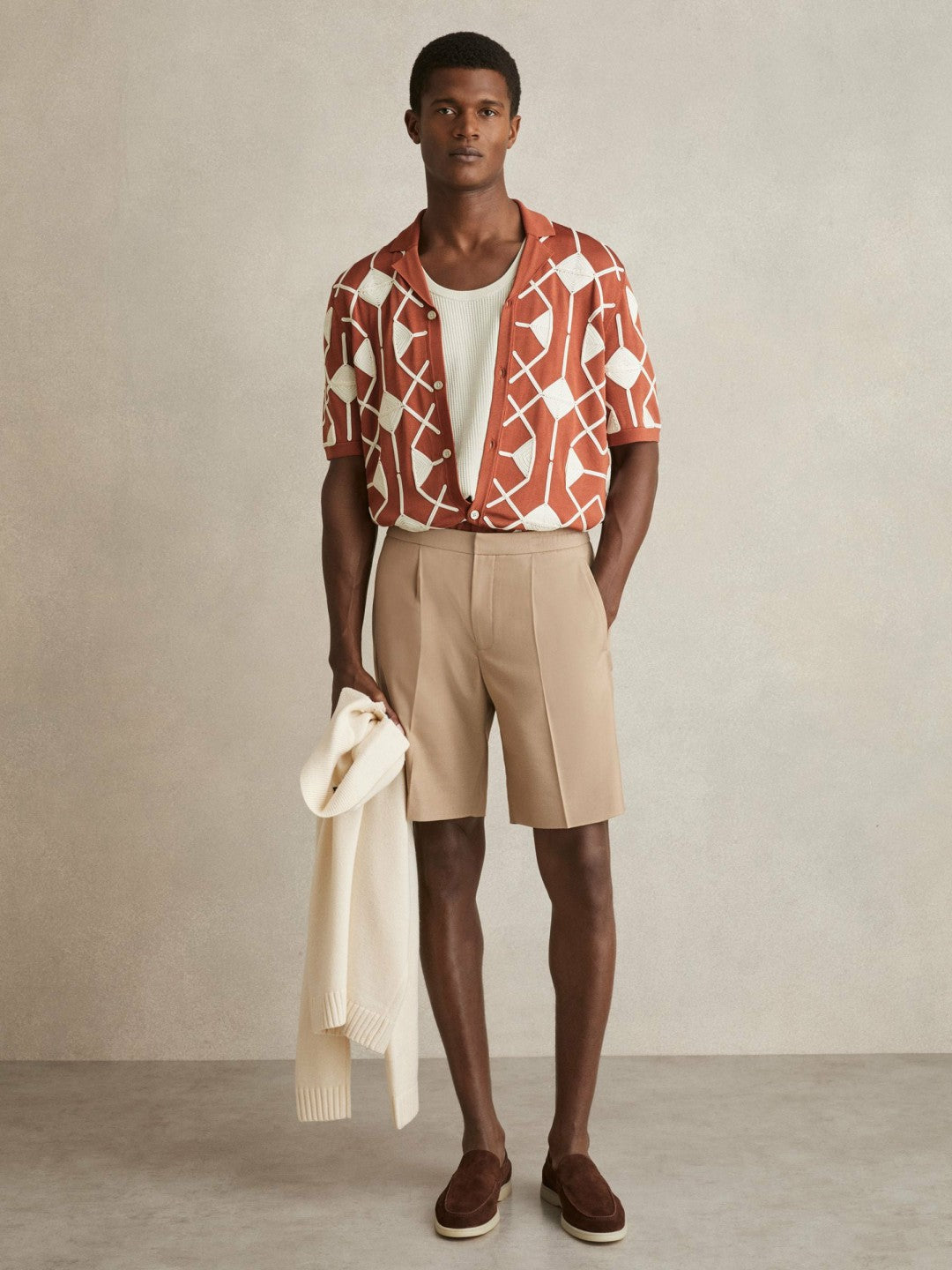 Geometric Embroidery Knit Shirt in Paprika Red Men | Reiss