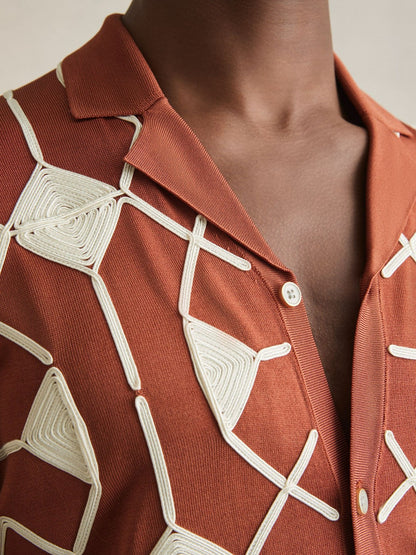 Geometric Embroidery Knit Shirt in Paprika Red Men | Reiss