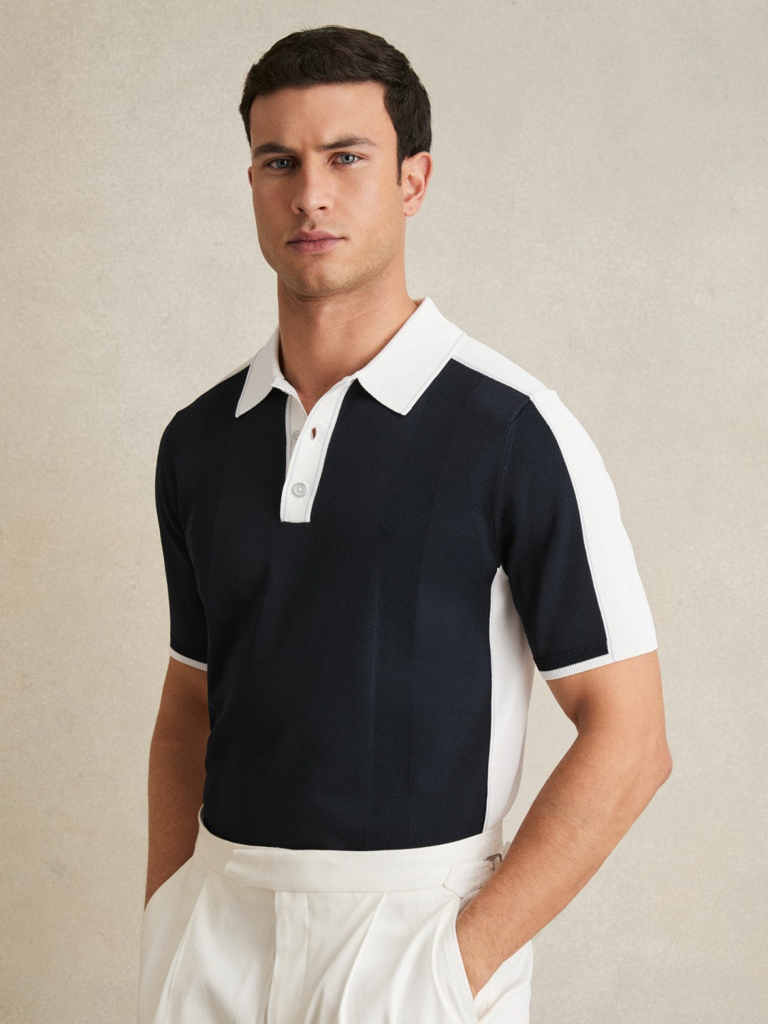 Colour-Block Knit Polo Shirt in Navy/White Men | Reiss