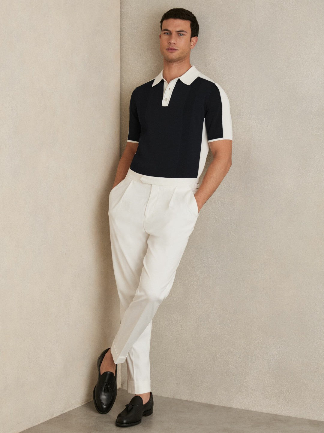 Colour-Block Knit Polo Shirt in Navy/White Men | Reiss