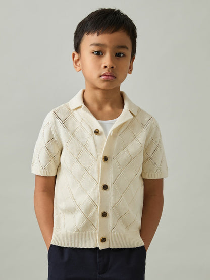 3-9 yrs Cotton Blend Diamond Knit Shirt in Off White Children & Baby | Reiss