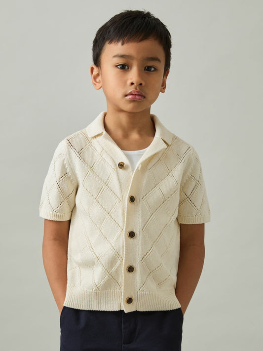 3-9 yrs Cotton Blend Diamond Knit Shirt in Off White Children & Baby | Reiss