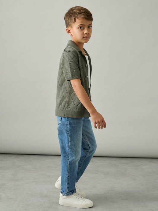 9-13 yrs Cotton Blend Diamond Knit Shirt in Dark Sage Children & Baby | Reiss
